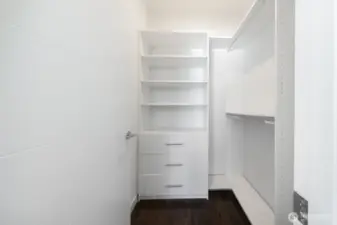 Walk-in closet with custom built-ins.