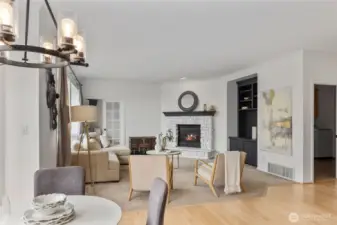 Family room with freshly painted mantel & built-ins.