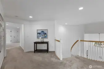 Upper landing and freshly shampooed carpets.