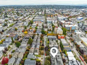 Looking east: Ballard’s commercial heart. Restaurants, bars, and shops line those block. Ballard Pizza Co., The Walrus and the Carpenter, King’s Hardware. Ballard Public Library, one of the standout modern buildings, designed by Bohlin Cywinski Jackson.