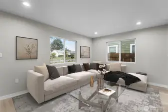 Virtually staged photo of living room.