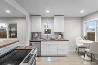 Virtually staged photo of kitchen.