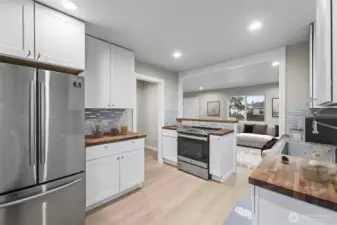 Virtually staged photo of kitchen.