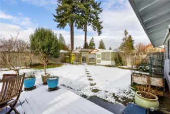 Sunny, fenced backyard w/ green house