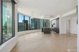 Room for a large sectional , media center, coffee table & dining table