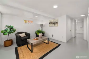 The walkout basement features a living space and two additional rooms.