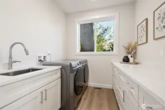 Smartly designed with ample cabinetry, folding counter, and a deep utility sink. It’s a practical yet attractive space that makes laundry day easy and efficient.