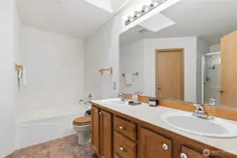 Primary En-Suite Bathroom with walk in closet.