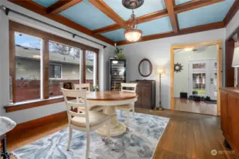 Timeless, coffered ceiling in the dining room provides a classic ambience.