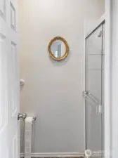Toilet and shower are conveniently located in a seperate room.