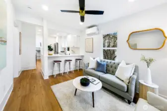 View looking to kitchen and kitchen bar space