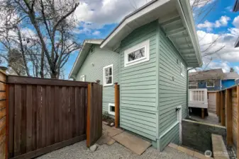 Fenced back space and access to lower storage space.