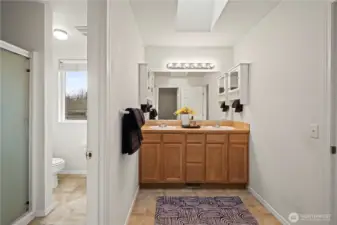 Another view of the primary bath from the walk in closet