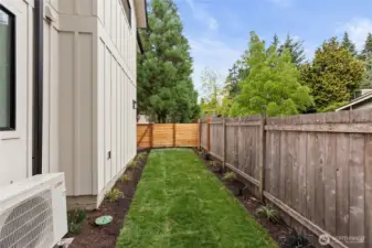 Slim side yard with fresh grass, mulched beds, and tall trees beyond the fence—simple, clean, and easy to maintain.