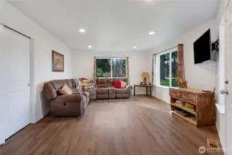 Living room with Eco solid surface flooring.