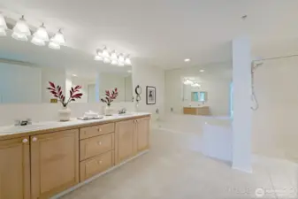 Primary Bath with Two Sinks,, Soaking Tub and Shower (virtual staging)
