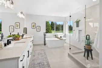 5 piece bathroom in the primary suite overlooking the golf course.