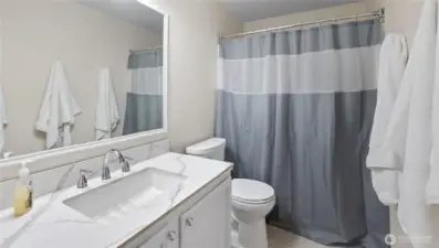 Guest-friendly full bathroom with a shower—offering both comfort and convenience for visitors.