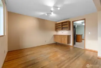 Dining room with original built in storage.