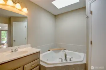 A large soaking jacuzzi tub with a skylight to bring in the light.
