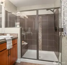 This handsome and accessible step-in tile shower with glass doors offers a convenient built in bench and handheld fixtures.