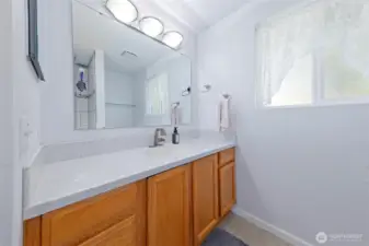 Nice bathroom with solid-surface counters.