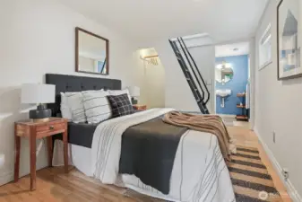 Cottage lower level bedroom and full bathroom. Can be accessed with outside level entry or by the alternating tread staircase.