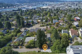 Drone view of home looking west towards the ship canal and Ballard Bridge