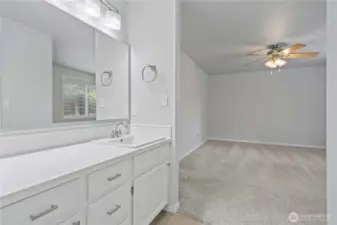 A look to the primary bedroom from the bath