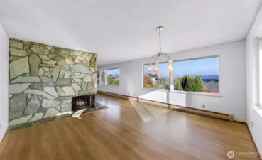 Dining area and stone fireplace