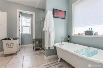Primary suite includes clawfoot tub and shower with walk in closet