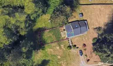 Overhead view. The dotted fuchsia area is the DogYard, the dotted yellow is the heated area of the DogDeck and the dotted aqua is the unheated area of the DogDeck. Again, your dogs will love you for their new home!