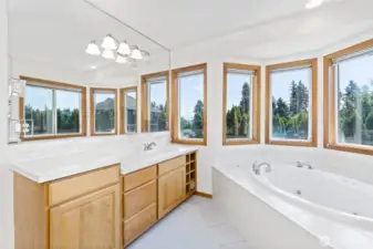 Master Bath with his and hers walk in closets and jetted tub.