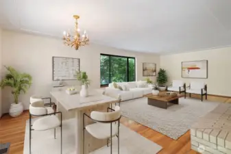Dining room shares the large living room & brick fireplace. Virtually staged to show potential of this space!