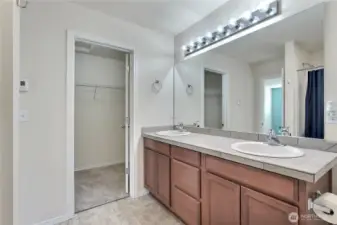 Primary bathroom showing walk-in closet.