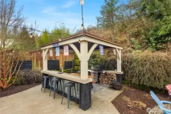 Party cabana with built-in keg tab and bar.
