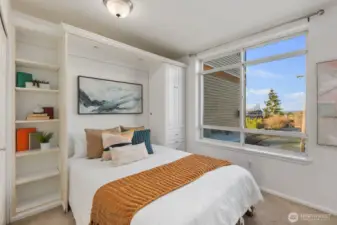 built-in shelving, cabinet & drawers, plus additional closet on left