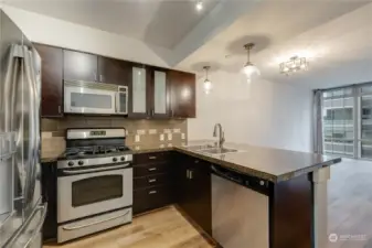 Kitchen has new light fixtures, gas stove.