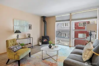 Floor to ceiling windows and gas fireplace