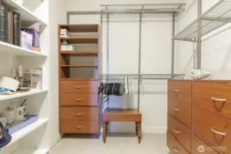 Primary bedroom, walk-in closet, shelving, dressers
