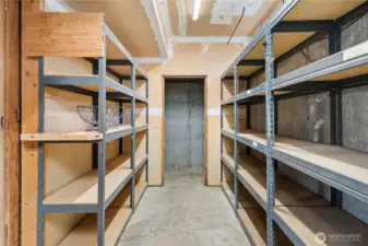 The back of the 2 car garage has plenty of shelving and storage. The opposite side even has a sink for washing up.