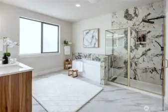 Spa-like primary bath featuring smart toilet (model home lot 1A, colors may vary)