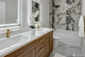 Beautiful upstairs bath with luxury finishes downstairs 1/2 bath (model home lot 1A, colors may vary)