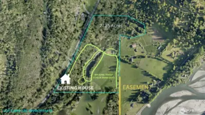 Map with estimated lot lines showing trail map and undeveloped recorded easement for future access of the lower portion of the acreage.
