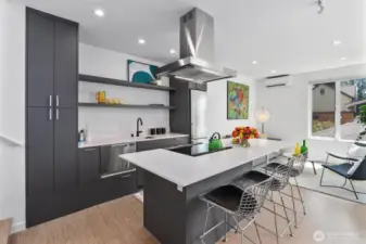 Quartz countertops, induction cooktop, and Bespoke Cabinets.