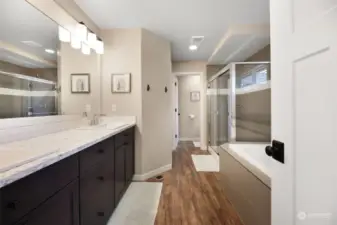 Double sinks + large shower + jetted tub + walk in closet.