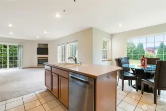 Kitchen island looking into the backyard and 2nd living room to the left