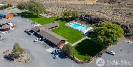 Areal view of clubhouse and pool