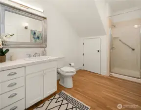 Back on the main floor, a large 3/4 bathroom.
