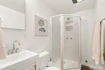 The lower level features a private guest suite with fourth bedroom, kitchenette, and ¾ bath, offering excellent separation of space.